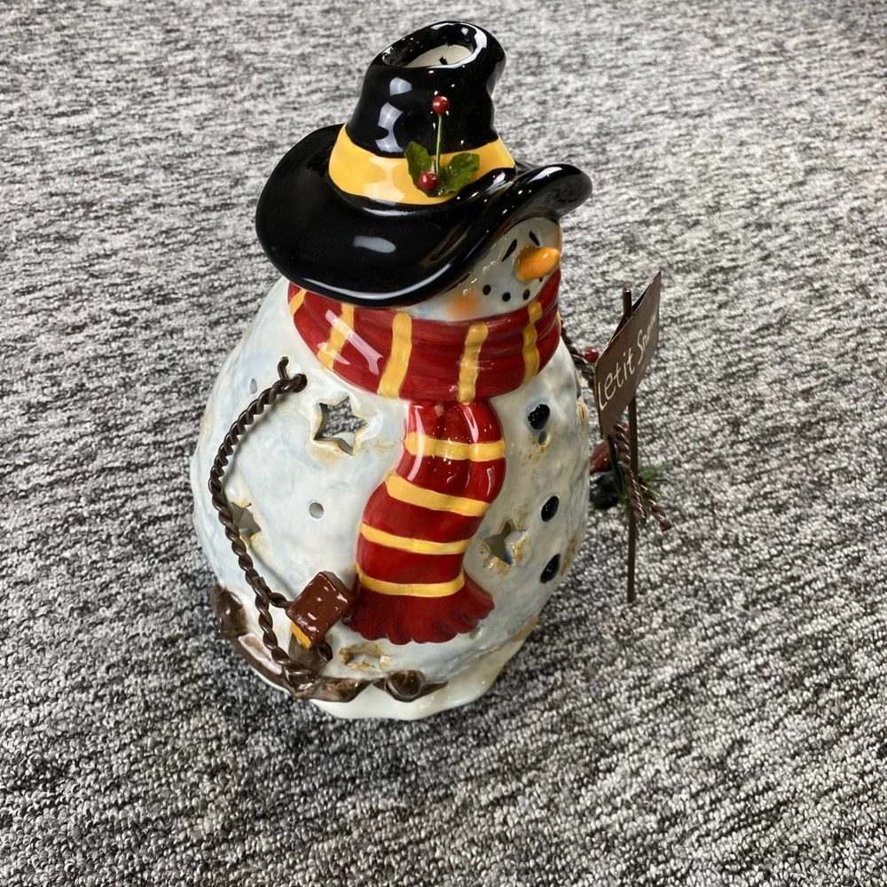 Ceramic Snowman Christmas Tea Light Holder Lantern Let It Snow Cardinal 2007 10